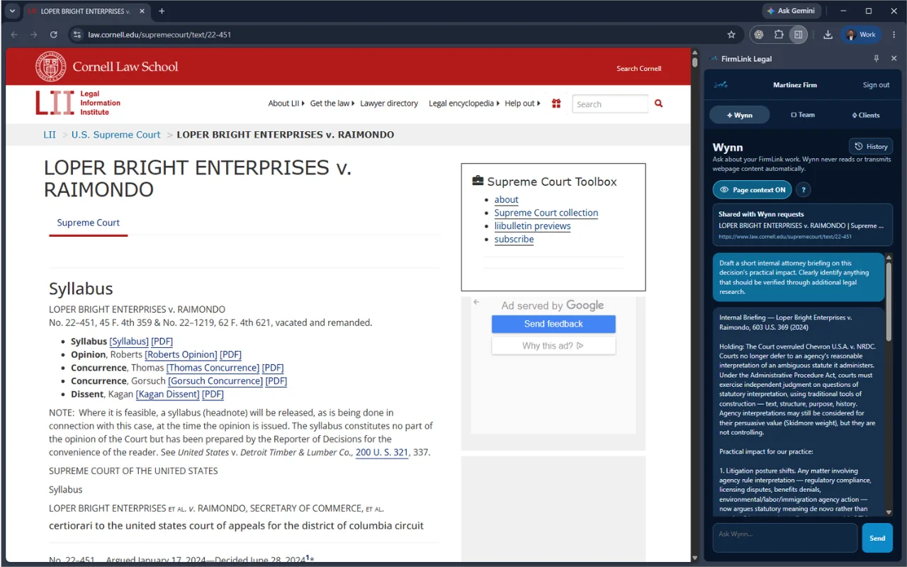 FirmLink Legal Chrome side panel beside a Cornell Legal Information Institute page, with Wynn preparing an internal attorney briefing